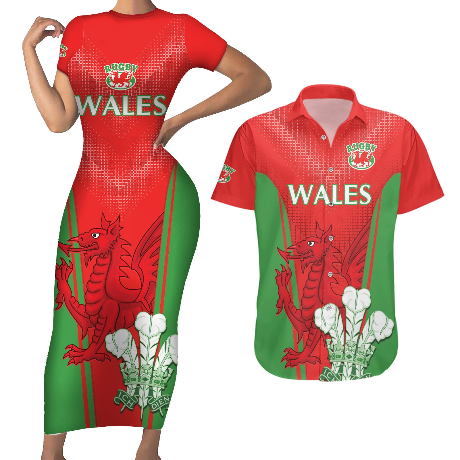 Custom Wales Rugby Couples Matching Short Sleeve Bodycon Dress and Hawaiian Shirt With Prince of Waless Feathers Go Cymru LT9 - Wonder Print Shop