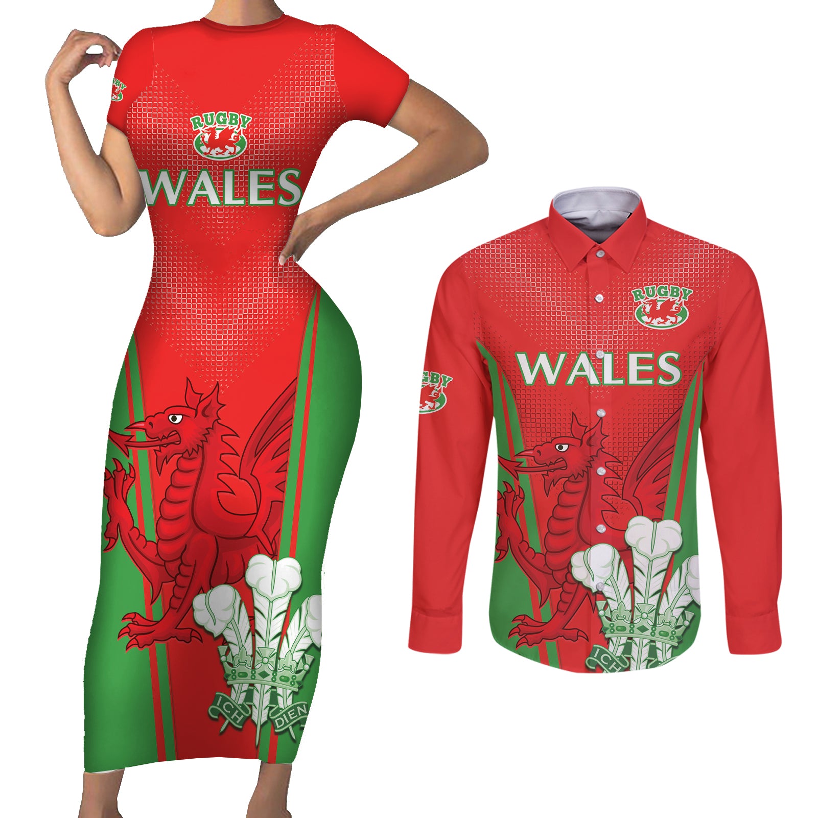 Custom Wales Rugby Couples Matching Short Sleeve Bodycon Dress and Long Sleeve Button Shirt With Prince of Waless Feathers Go Cymru LT9 - Wonder Print Shop