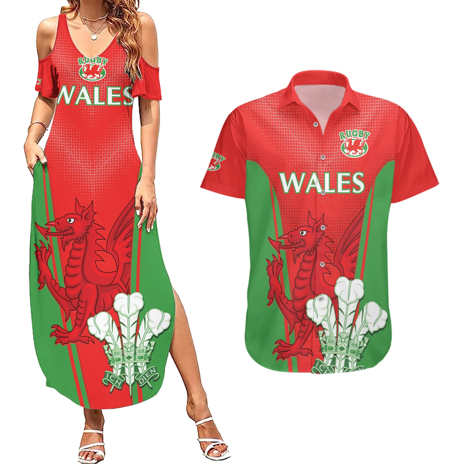 Custom Wales Rugby Couples Matching Summer Maxi Dress and Hawaiian Shirt With Prince of Waless Feathers Go Cymru LT9 - Wonder Print Shop