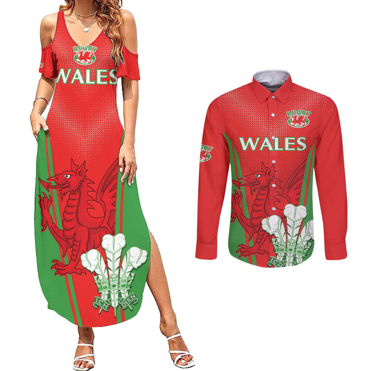 Custom Wales Rugby Couples Matching Summer Maxi Dress and Long Sleeve Button Shirt With Prince of Waless Feathers Go Cymru LT9 - Wonder Print Shop