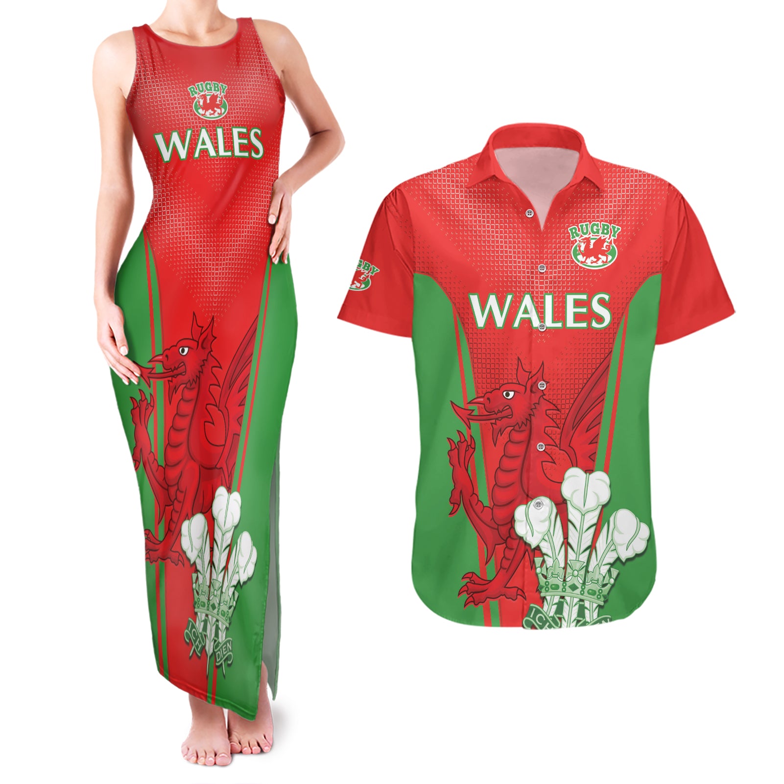 Custom Wales Rugby Couples Matching Tank Maxi Dress and Hawaiian Shirt With Prince of Waless Feathers Go Cymru LT9 - Wonder Print Shop