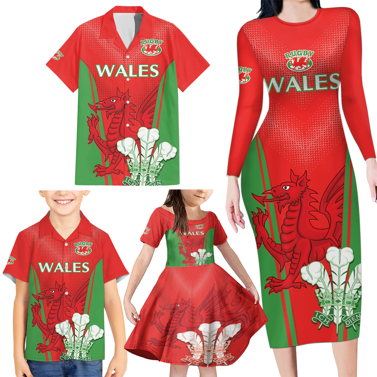 Custom Wales Rugby Family Matching Long Sleeve Bodycon Dress and Hawaiian Shirt With Prince of Waless Feathers Go Cymru LT9 - Wonder Print Shop