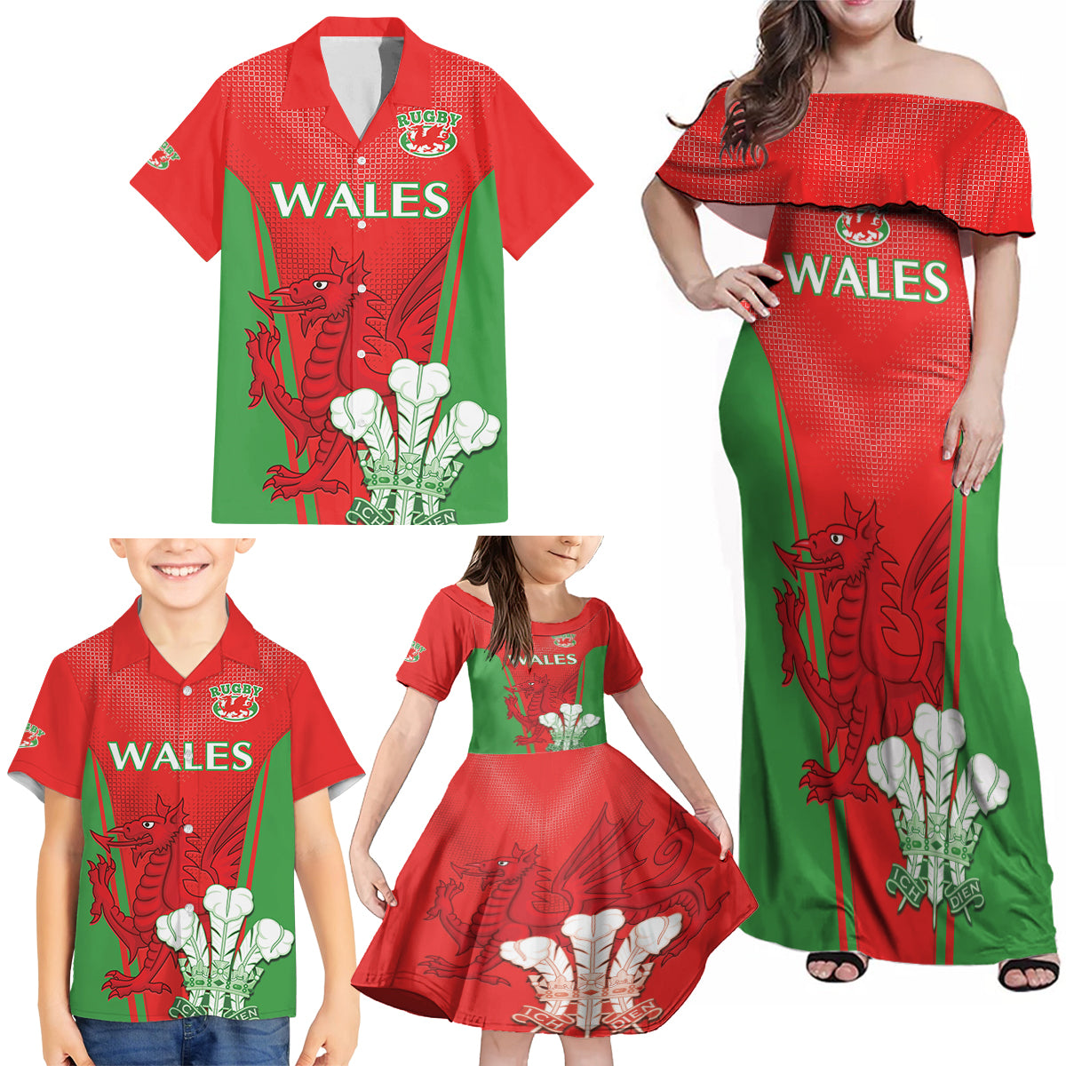 Custom Wales Rugby Family Matching Off Shoulder Maxi Dress and Hawaiian Shirt With Prince of Waless Feathers Go Cymru LT9 - Wonder Print Shop