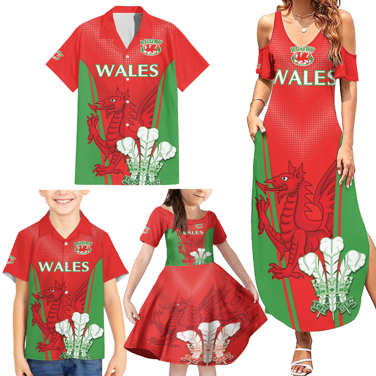 Custom Wales Rugby Family Matching Summer Maxi Dress and Hawaiian Shirt With Prince of Waless Feathers Go Cymru - Wonder Print Shop