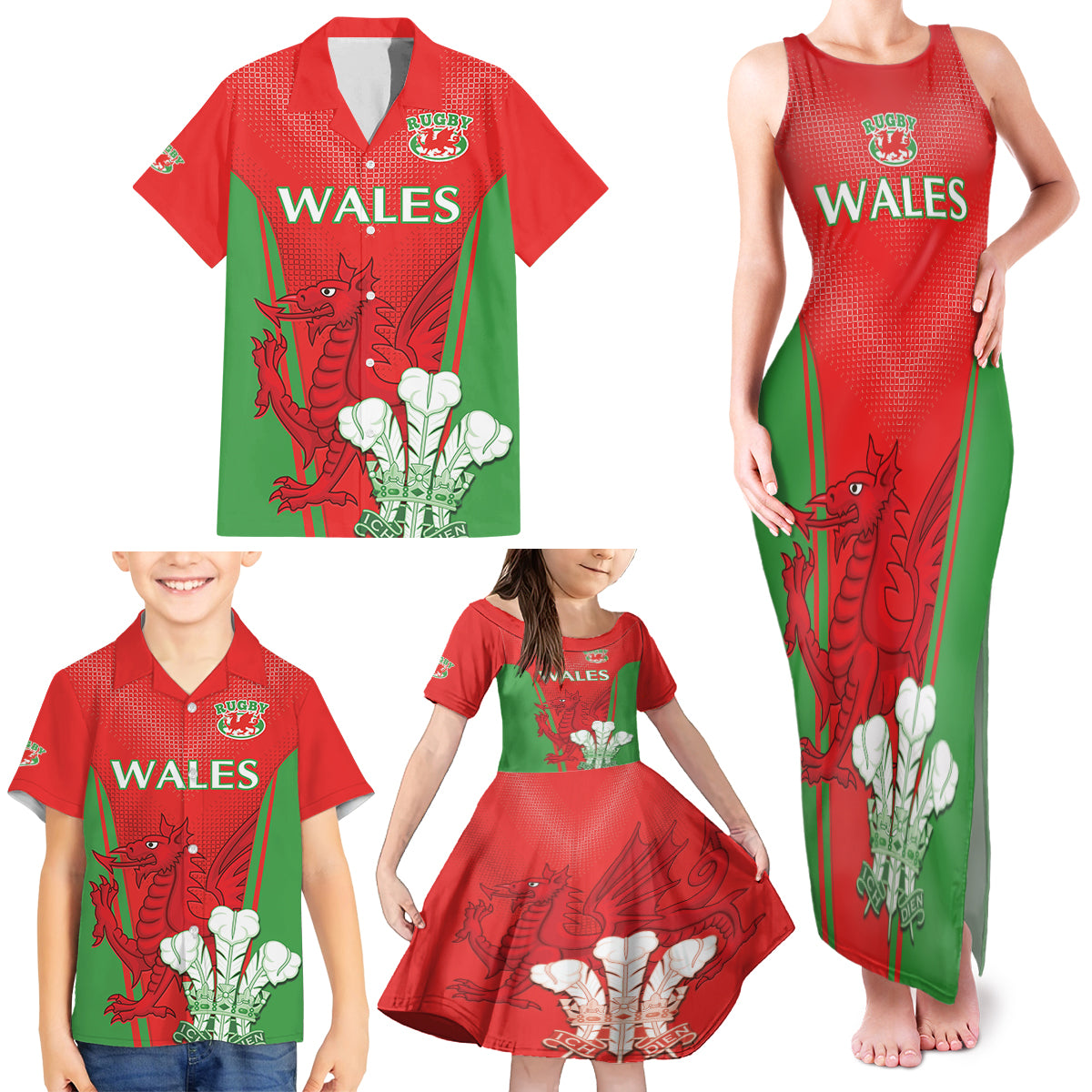 Custom Wales Rugby Family Matching Tank Maxi Dress and Hawaiian Shirt With Prince of Waless Feathers Go Cymru - Wonder Print Shop