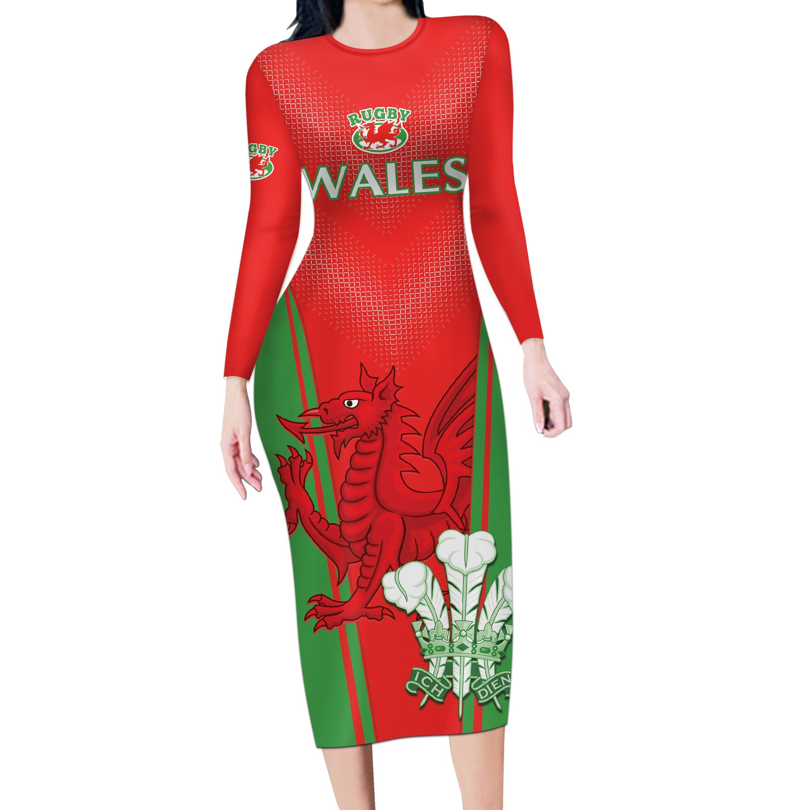 Custom Wales Rugby Long Sleeve Bodycon Dress With Prince of Waless Feathers Go Cymru - Wonder Print Shop