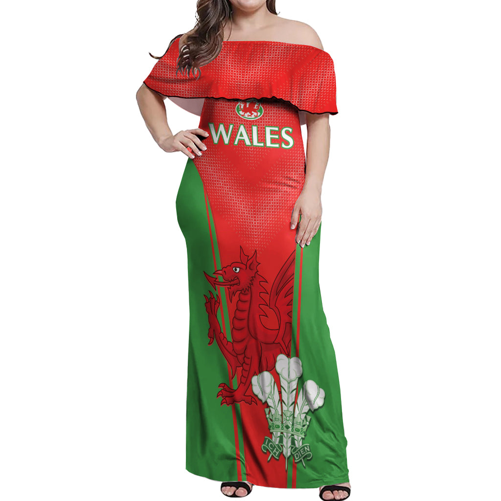 Custom Wales Rugby Off Shoulder Maxi Dress With Prince of Waless Feathers Go Cymru - Wonder Print Shop