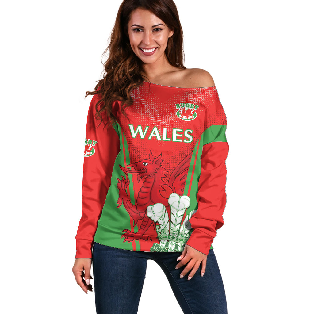 Custom Wales Rugby Off Shoulder Sweater With Prince of Waless Feathers Go Cymru - Wonder Print Shop