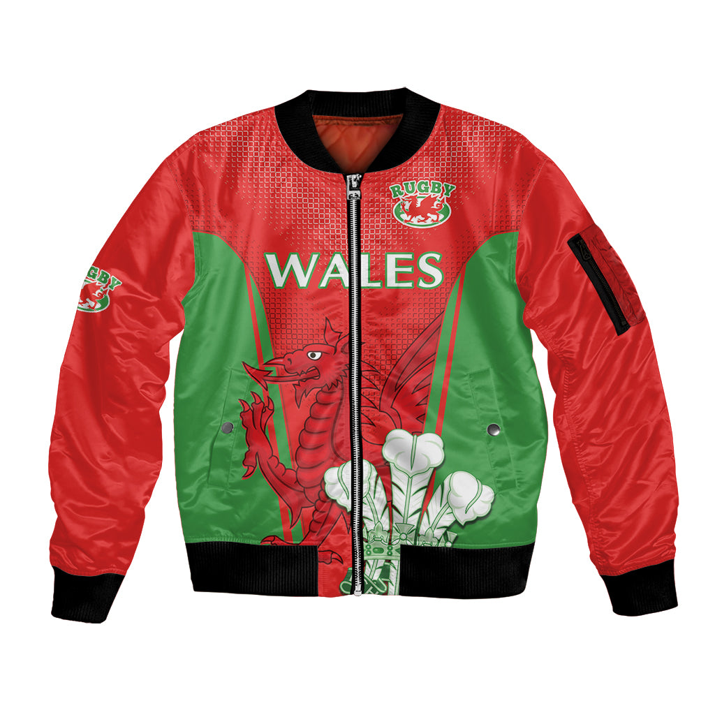 Custom Wales Rugby Sleeve Zip Bomber Jacket With Prince of Waless Feathers Go Cymru