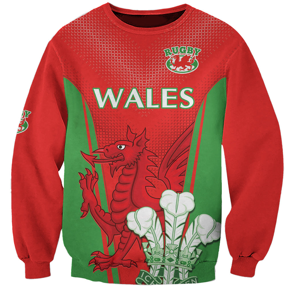 Red unisex rugby sweatshirt with Wales graphic and dragon crest on front