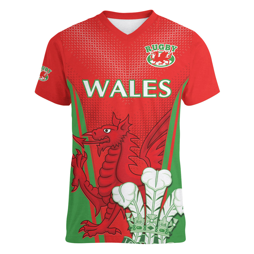 Custom Wales Rugby Women V Neck T Shirt With Prince of Waless Feathers Go Cymru