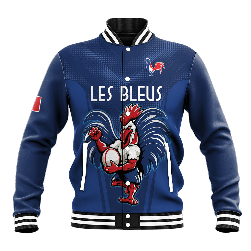 Blue rugby baseball jacket with rooster emblem, white striped collar and cuffs