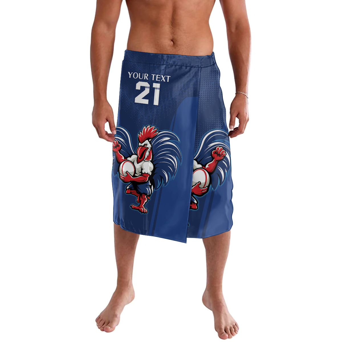 Blue rugby-style shorts with elastic waistband, rooster graphic, and custom text 21