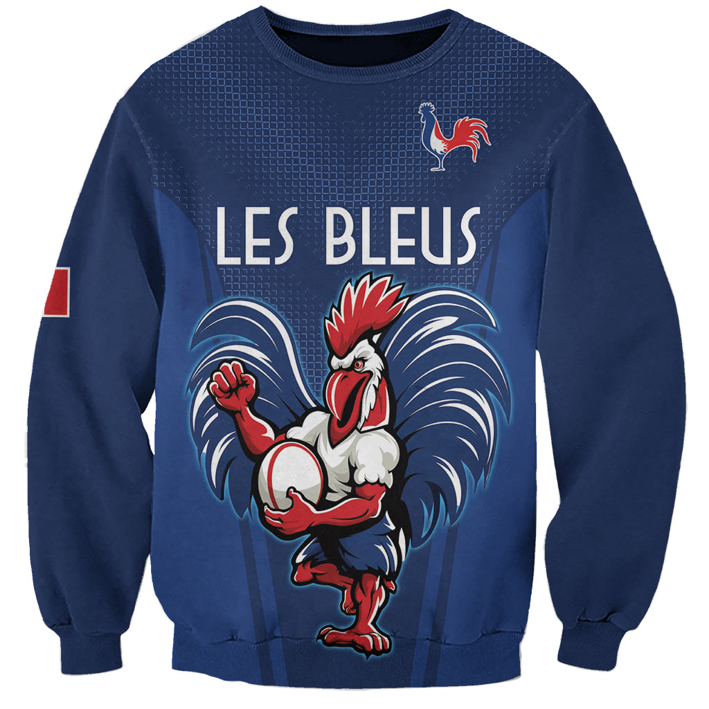 Unisex blue rugby sweatshirt with rooster graphic and “LES BLEUS” text