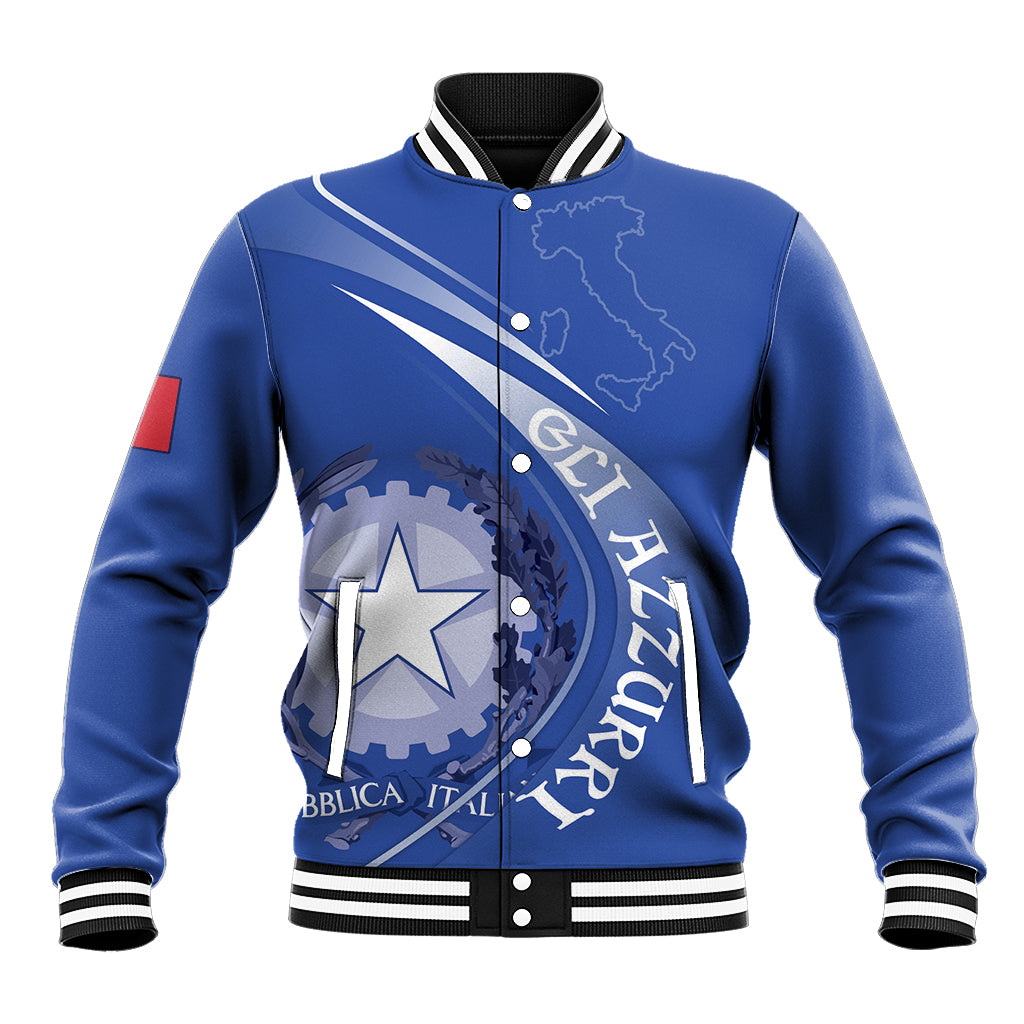 Blue varsity rugby jacket with snap buttons, striped cuffs, Italy map and star graphic