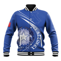 Blue varsity rugby jacket with snap buttons, striped cuffs, Italy map and star graphic