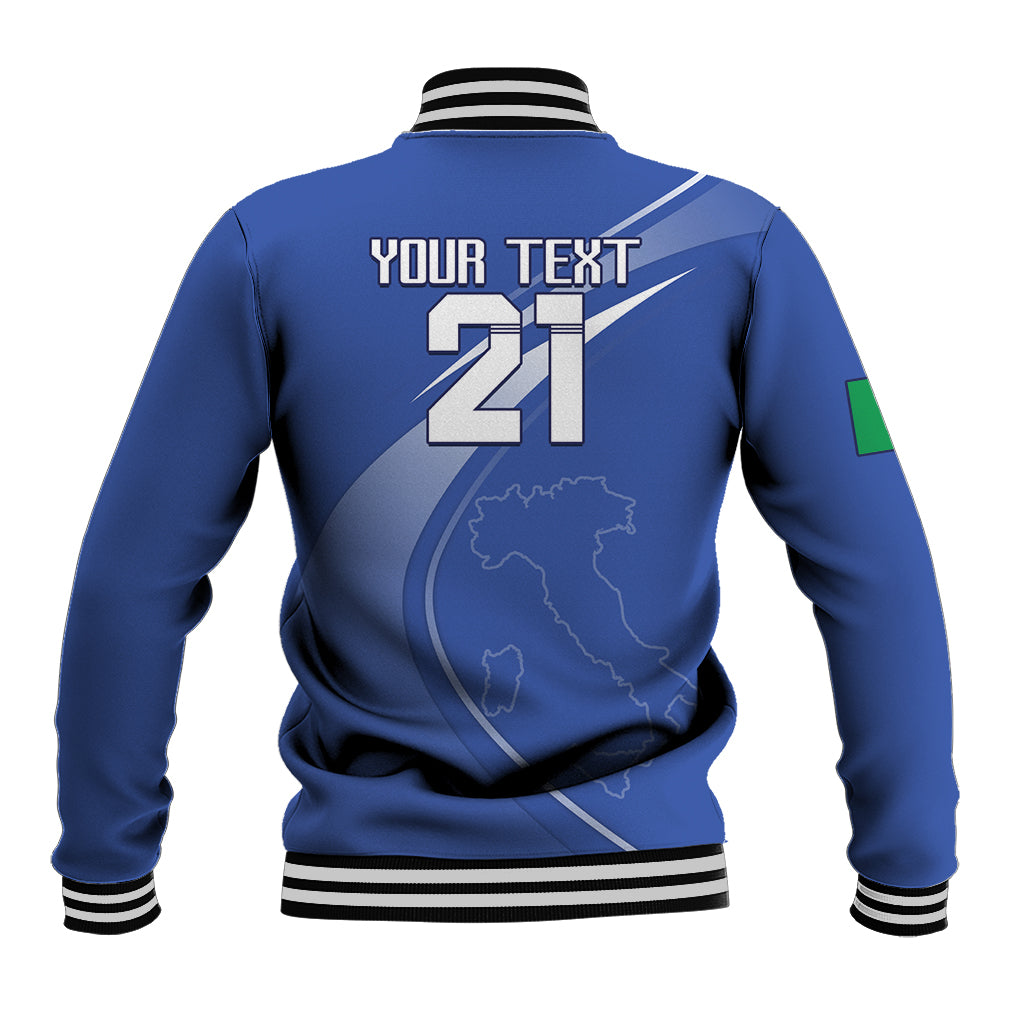 Blue varsity rugby jacket back with ribbed striped collar, YOUR TEXT 21, Italy map print