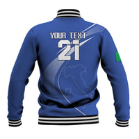 Blue varsity rugby jacket back with ribbed striped collar, YOUR TEXT 21, Italy map print