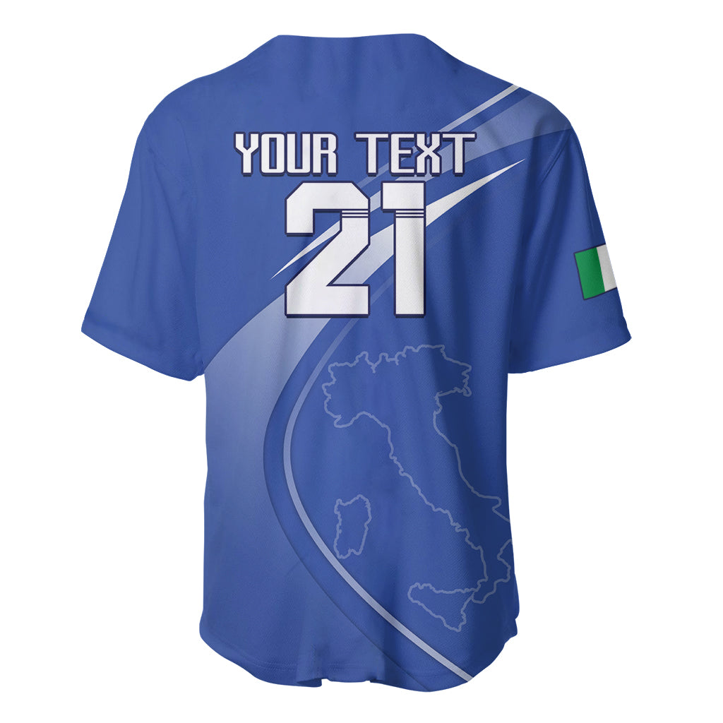 Blue back rugby baseball jersey with YOUR TEXT 21, Italy map graphic, and sleeve flag patch