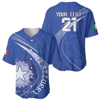Blue rugby baseball jersey front and back, YOUR TEXT 21 with Italy map graphic