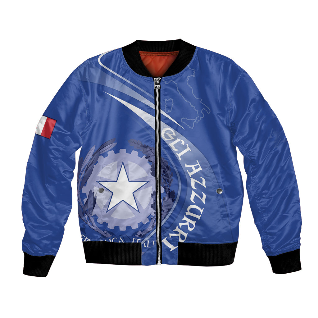 Blue satin bomber jacket with front zipper, black rib cuffs, and star graphic patch