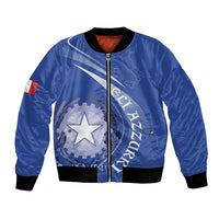Blue satin bomber jacket with front zipper, black rib cuffs, and star graphic patch