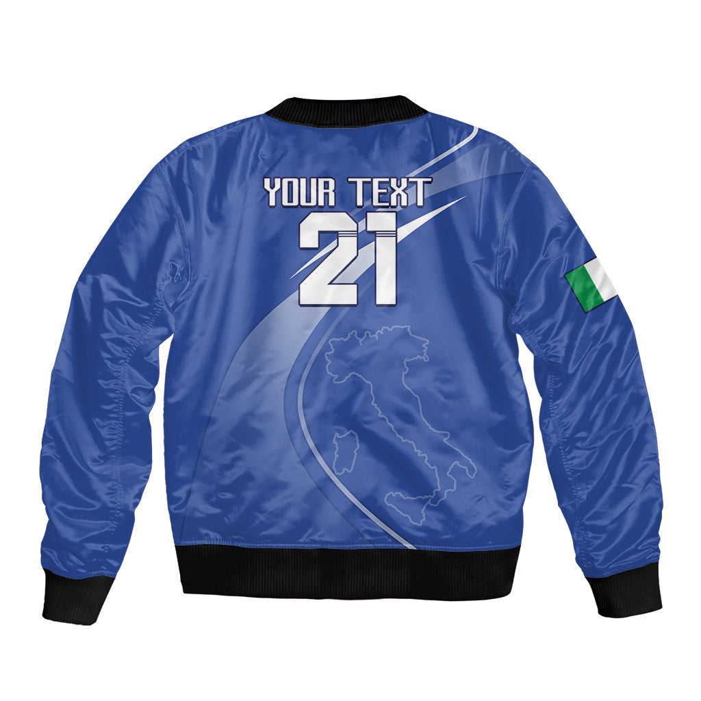 Blue satin bomber jacket back with 21 and YOUR TEXT, map graphic, black rib hem
