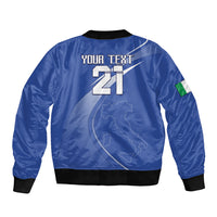 Blue satin bomber jacket back with 21 and YOUR TEXT, map graphic, black rib hem