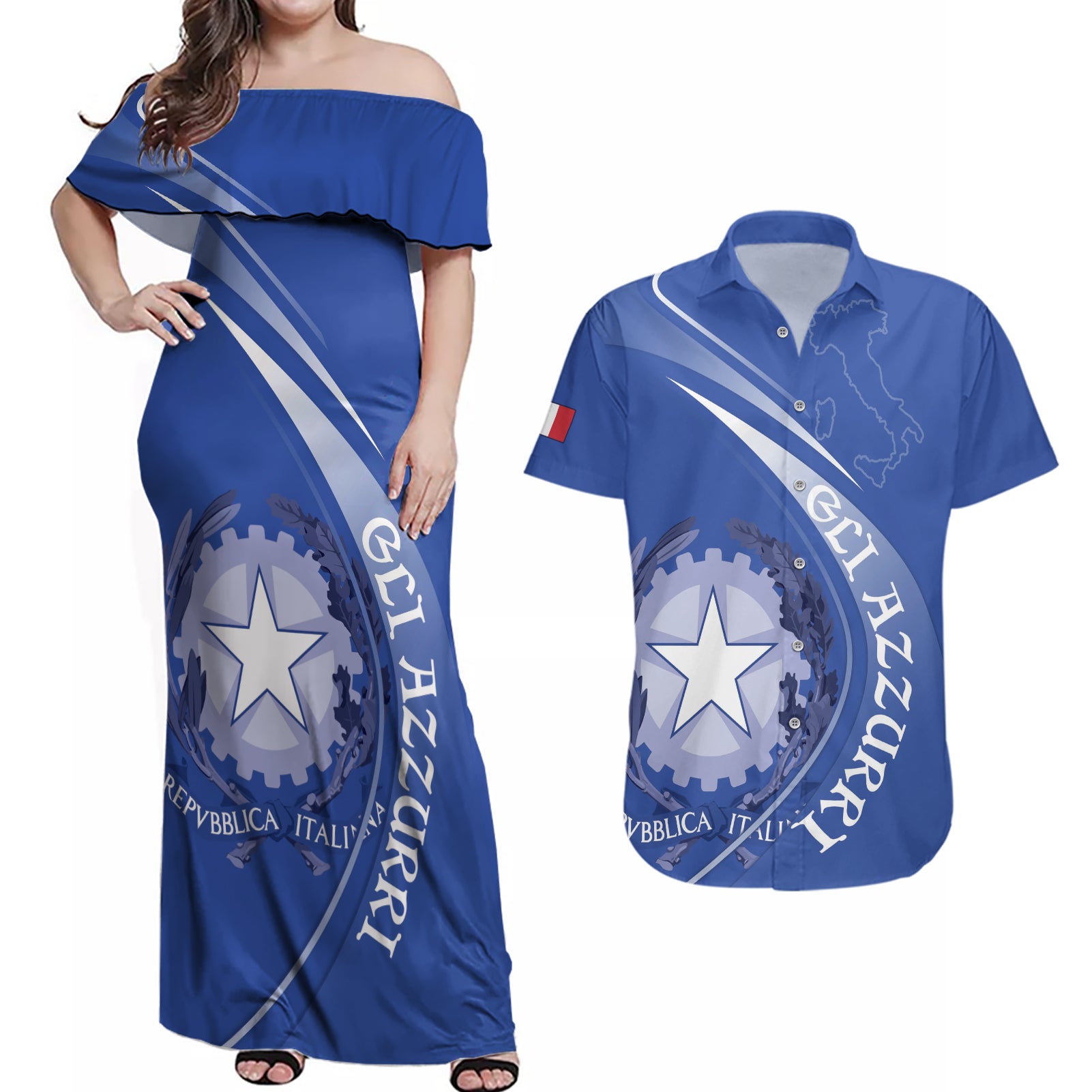 Custom Italy Rugby Couples Matching Off Shoulder Maxi Dress and Hawaiian Shirt Come On Gli Azzurri LT9 - Wonder Print Shop