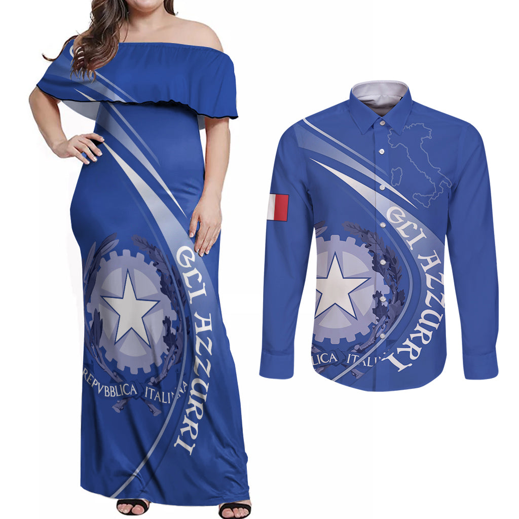 Custom Italy Rugby Couples Matching Off Shoulder Maxi Dress and Long Sleeve Button Shirt Come On Gli Azzurri LT9 - Wonder Print Shop