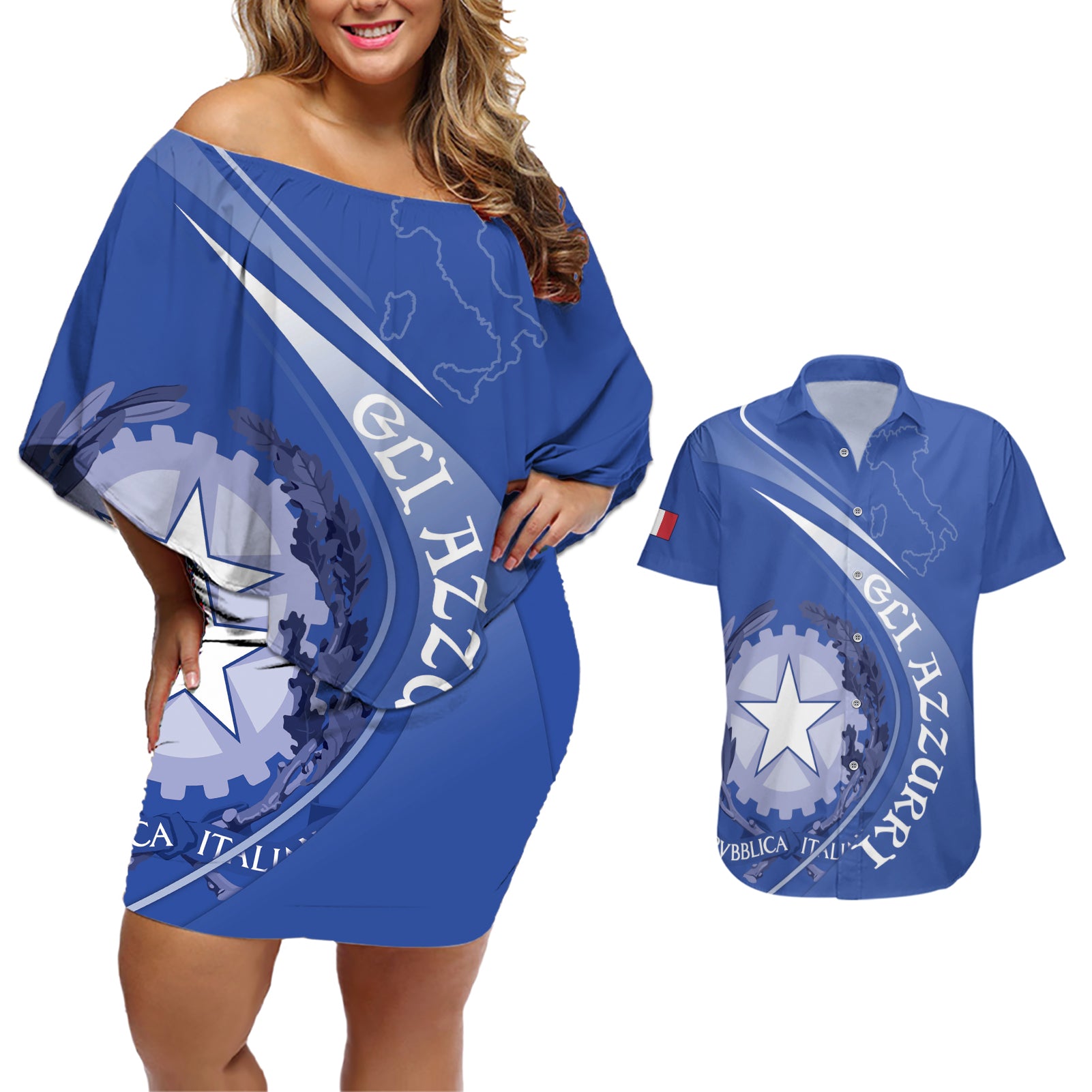 Custom Italy Rugby Couples Matching Off Shoulder Short Dress and Hawaiian Shirt Come On Gli Azzurri LT9 - Wonder Print Shop