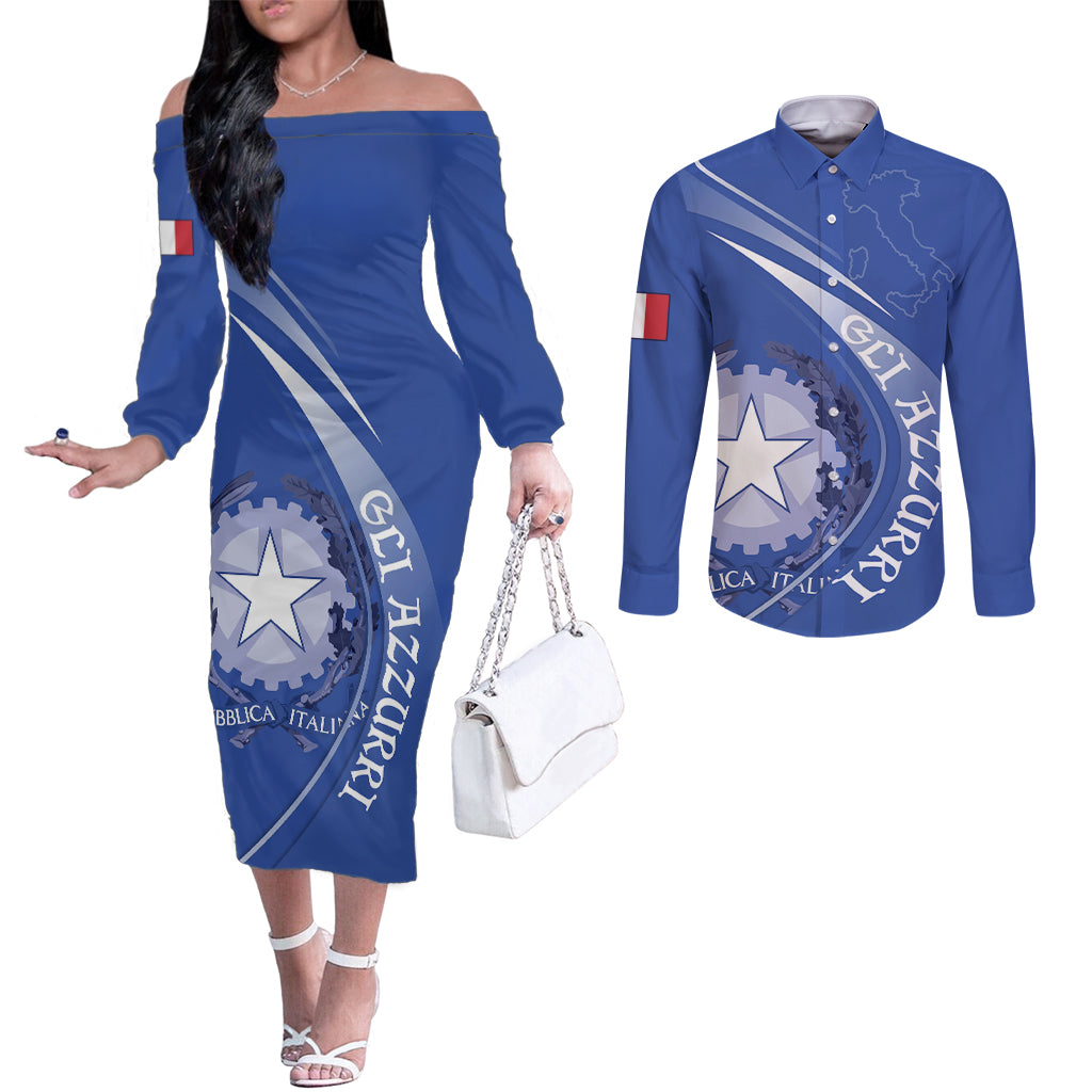 Custom Italy Rugby Couples Matching Off The Shoulder Long Sleeve Dress and Long Sleeve Button Shirt Come On Gli Azzurri