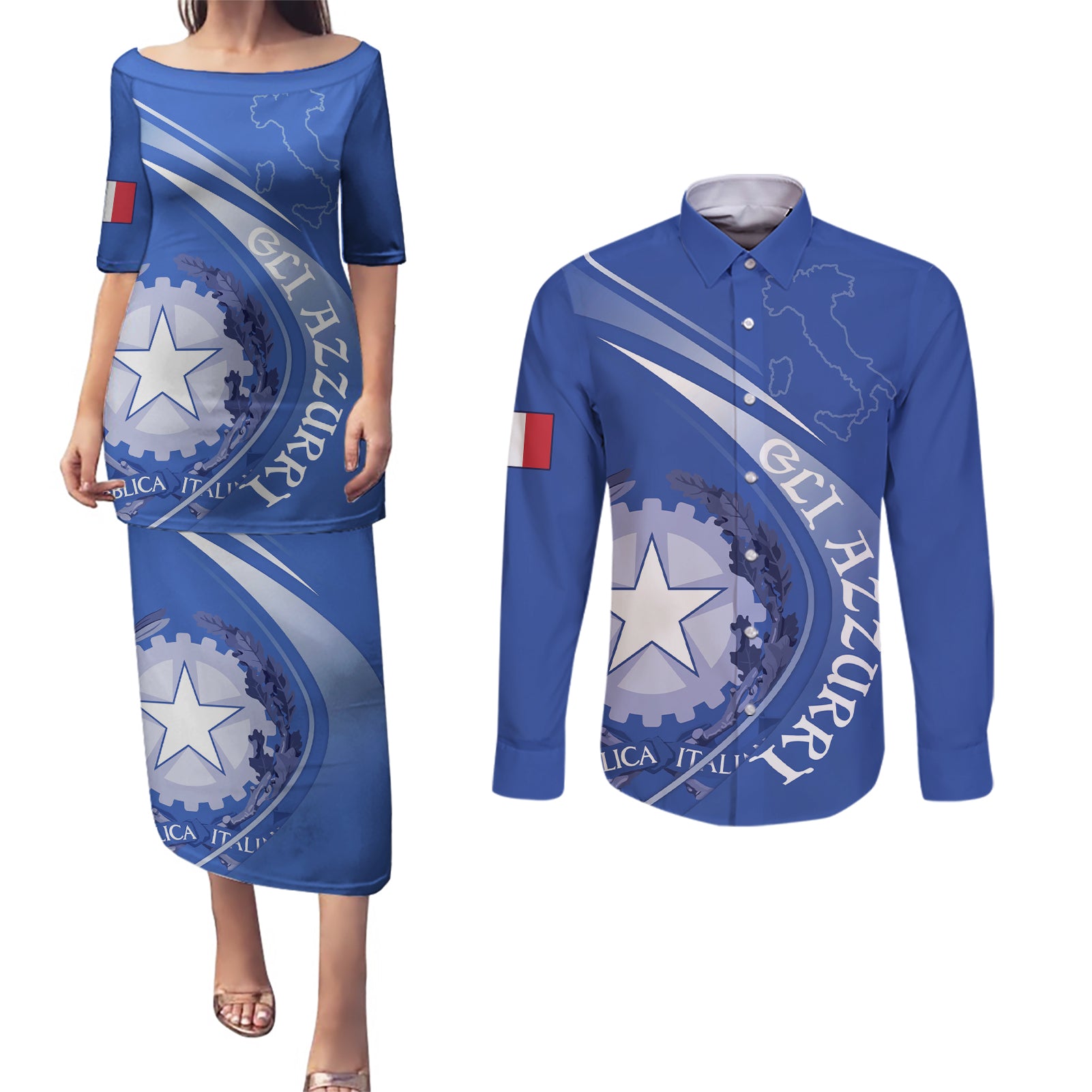 Custom Italy Rugby Couples Matching Puletasi and Long Sleeve Button Shirt Come On Gli Azzurri LT9 - Wonder Print Shop