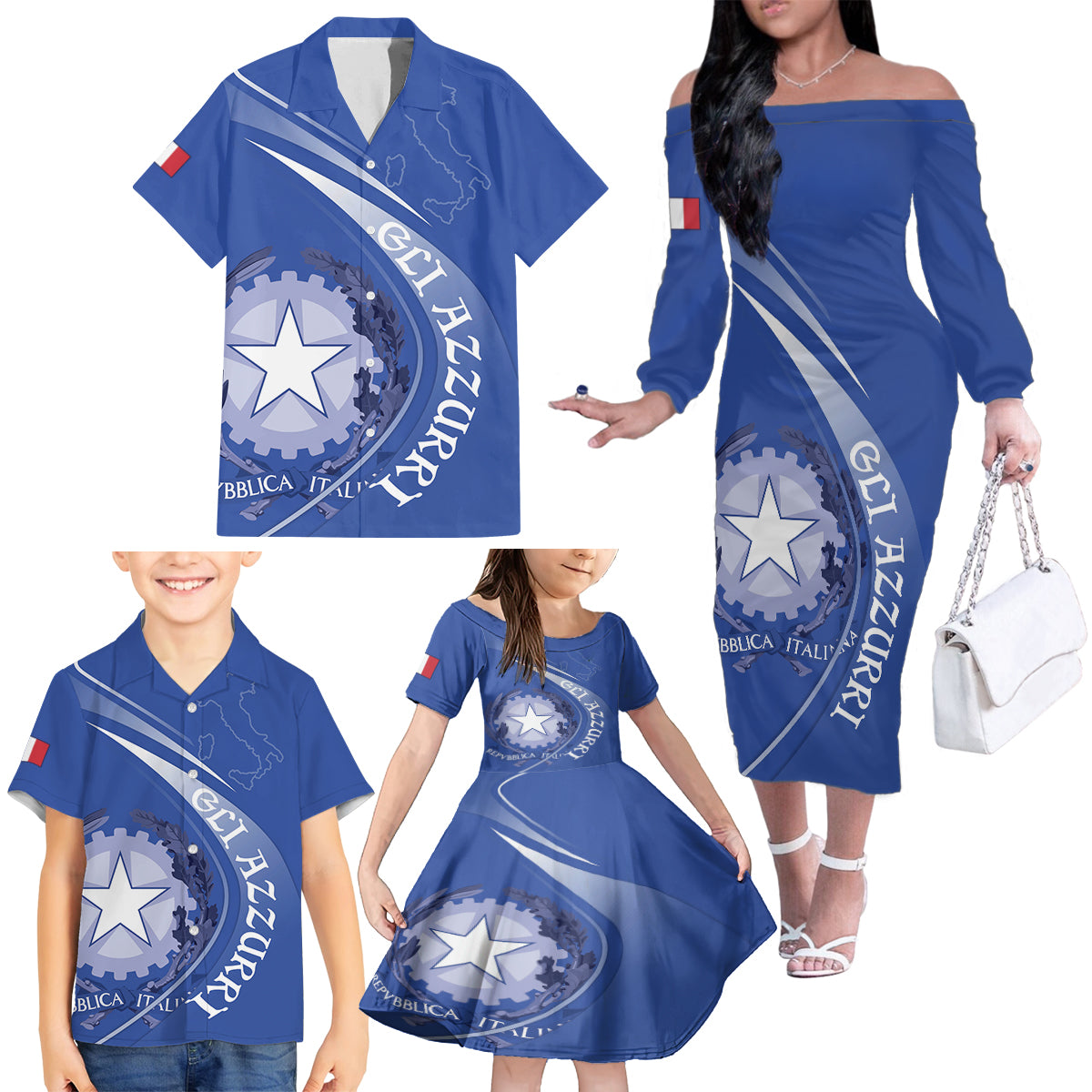 Custom Italy Rugby Family Matching Off Shoulder Long Sleeve Dress and Hawaiian Shirt Come On Gli Azzurri - Wonder Print Shop