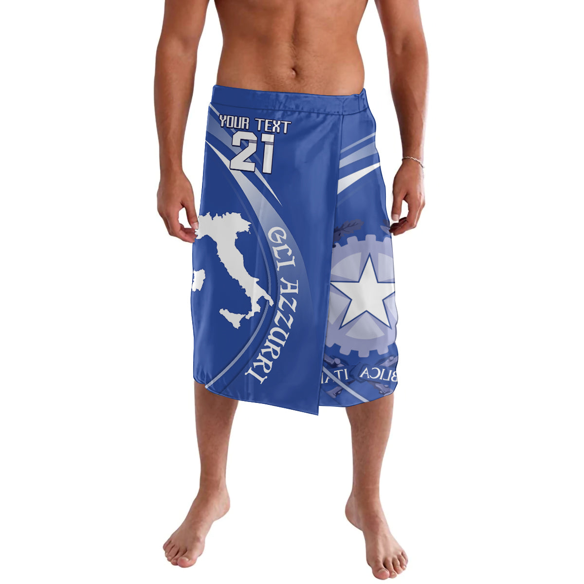 Blue men's rugby shorts with elastic waist and Italy map graphic, star print