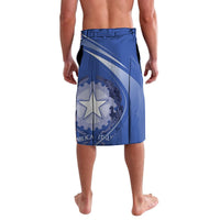 Blue men's rugby shorts, back view with elastic waistband and star crest graphic