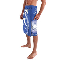 Blue men's rugby shorts with side graphic, elastic waistband and large star emblem
