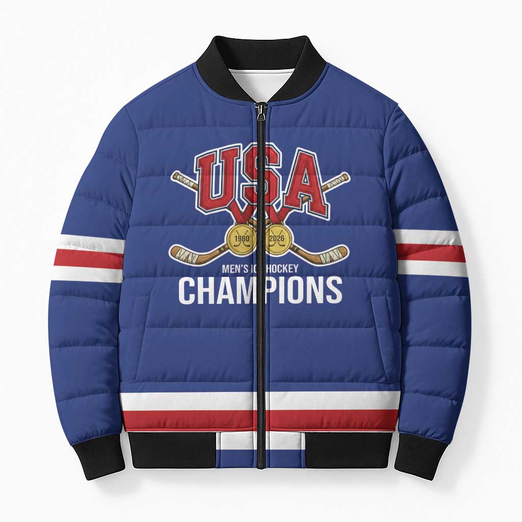 Custom United States Hockey 1980-2026 Gold Medal Bomber Puffer Jacket Embroidery Effect Blue Style