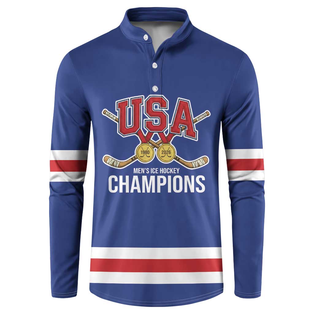 Custom United States Hockey 1980-2026 Gold Medal Button Sweatshirt Embroidery Effect Blue Style
