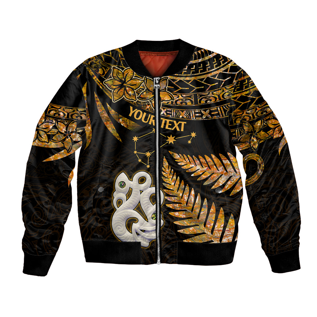 Unisex bomber jacket with gold tribal patterns, black satin look, front zipper, ribbed cuffs