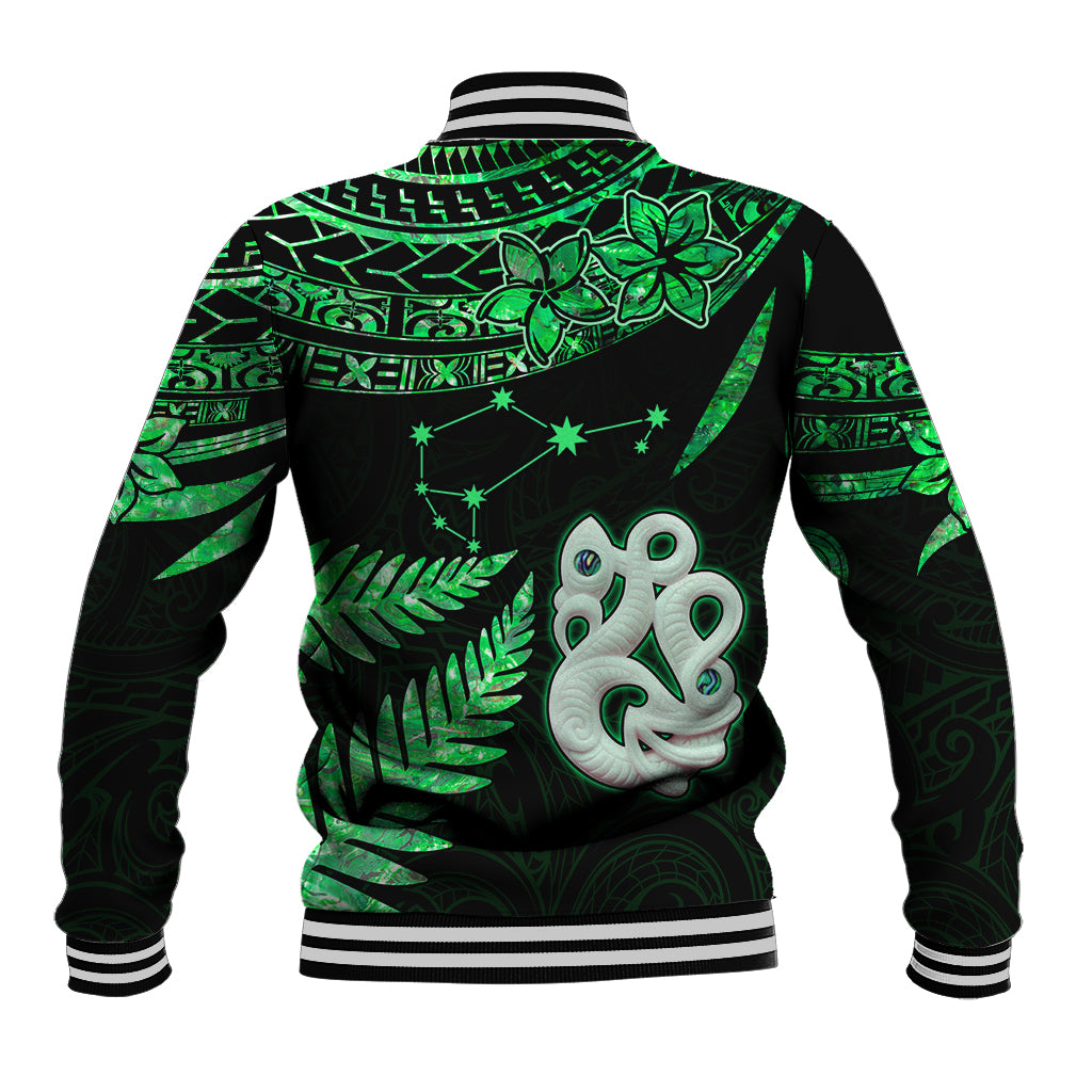 Green and black baseball jacket, striped ribbed collar and hem, large back star animal graphic
