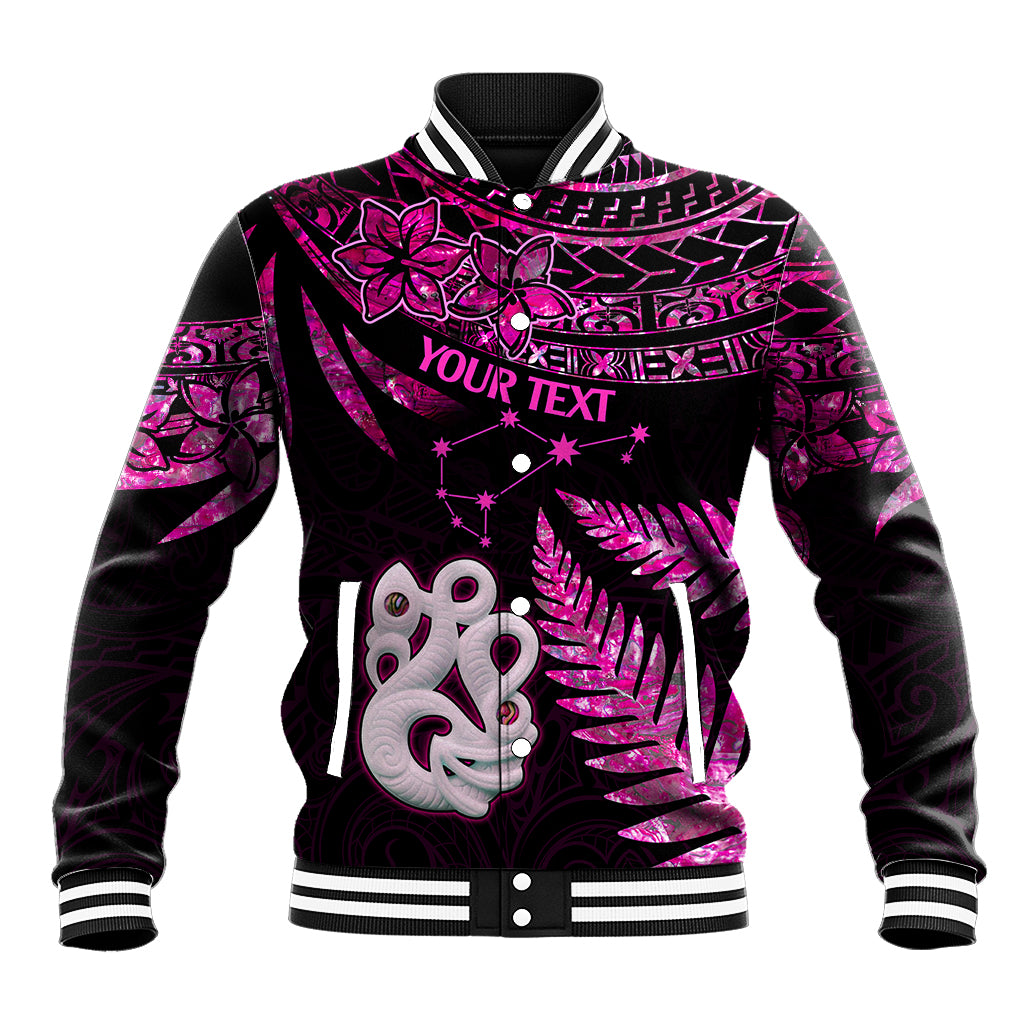 Unisex black baseball jacket with pink neon graphic, snap front, striped ribbed collar