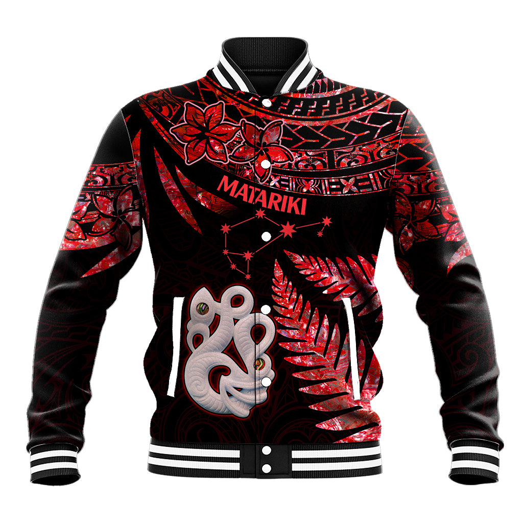 Red and black baseball jacket with striped ribbed collar, snap front, and bold front graphic.