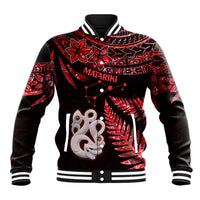 Red and black baseball jacket with striped ribbed collar, snap front, and bold front graphic.