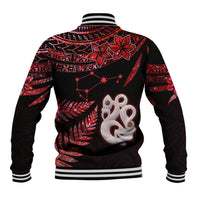 Red and black baseball jacket with striped ribbed collar and large back graphic with shell-like emblem.