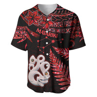 Black and red baseball jersey with button collar and Matariki graphic front, manaia face