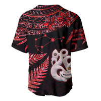 Black and red baseball jersey with button collar and back design, star constellation and manaia