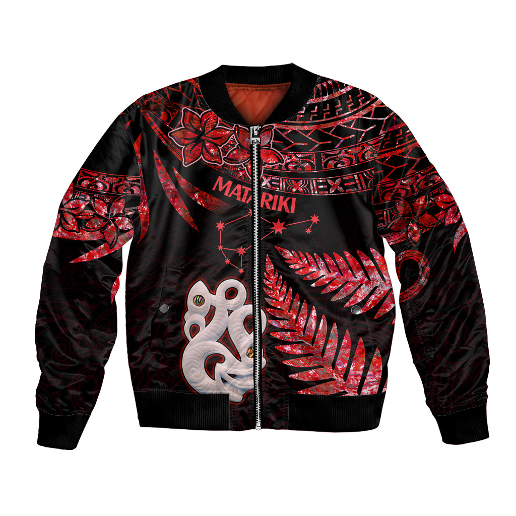 Unisex bomber jacket in red and black with full-zip and red manaia graphic