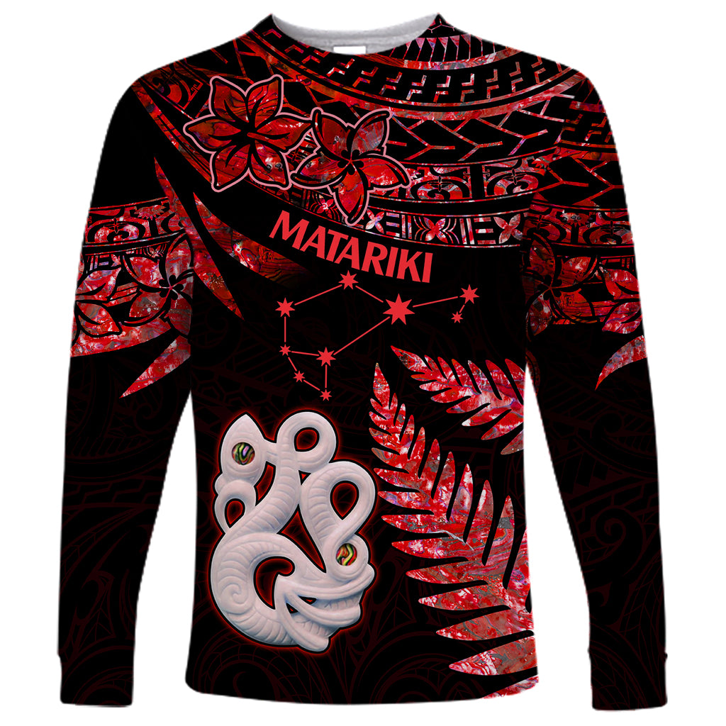 Unisex long-sleeve shirt in red and dark tones, front Manaia face and Matariki print