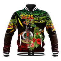 Unisex baseball jacket with green/yellow/black tribal floral graphics, snap front